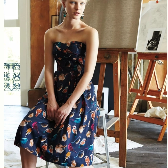 Anthropologie "Native birds "strapless birdie novelty print Quirky Adorable Y2K - Picture 1 of 12
